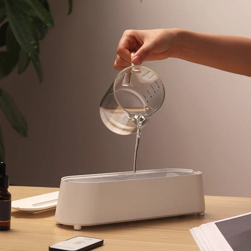 Elegant white flame simulation aromatherapy diffuser with remote control, designed to enhance air quality and create a tranquil ambience in any room.