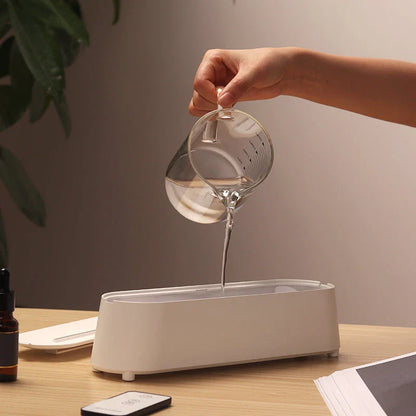Elegant white flame simulation aromatherapy diffuser with remote control, designed to enhance air quality and create a tranquil ambience in any room.