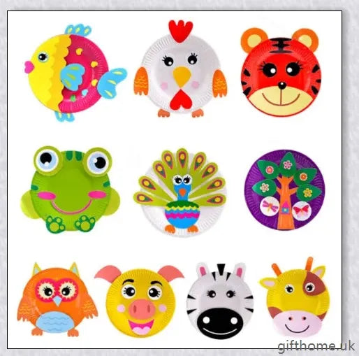 Colourful animal paper plate craft kit with various 3D paper plate animals