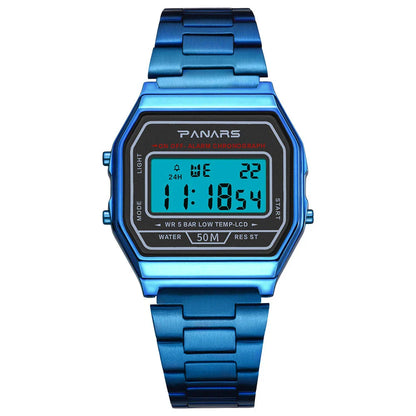 A stylish and retro-inspired gold watch with a sleek and compact design, featuring a luminous display and water resistance for everyday wear.