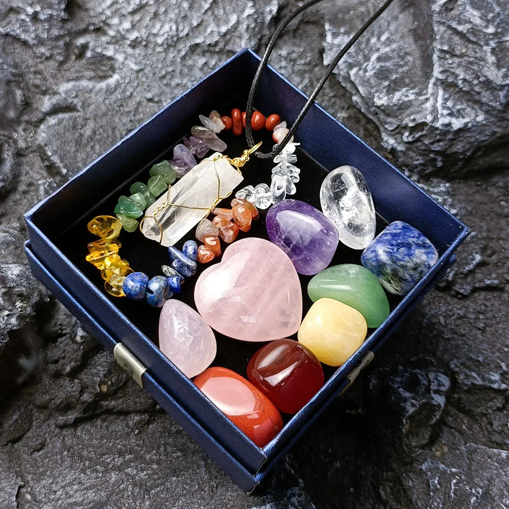 Elegant crystal jade chakra set with love hexagon pillar, natural stones for meditation and energy healing