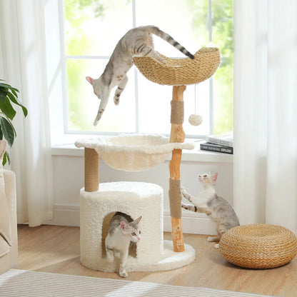 Luxurious modern cat tree with woven basket, hammock, and solid wood scratching post for large indoor cats