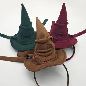 Sortband Halloween Witch Hat Headband in red, green, and brown colours with a detachable witch hat design