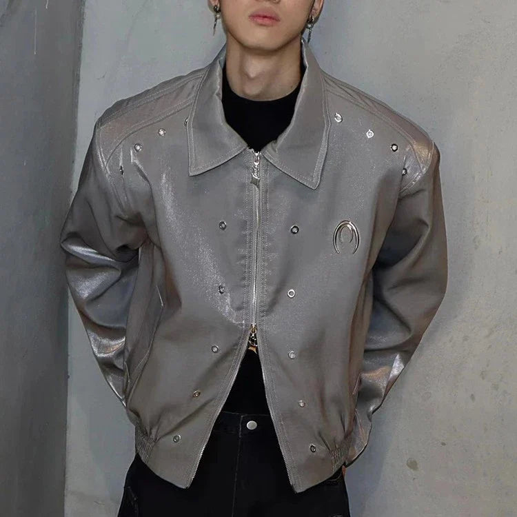A stylish padded shoulder jacket in black and silver grey, featuring a structured silhouette and a comfortable, wrinkle-resistant design.