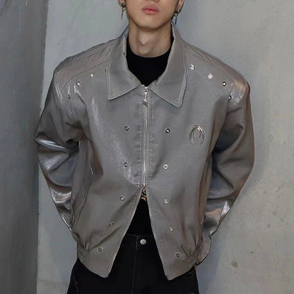 A stylish padded shoulder jacket in black and silver grey, featuring a structured silhouette and a comfortable, wrinkle-resistant design.