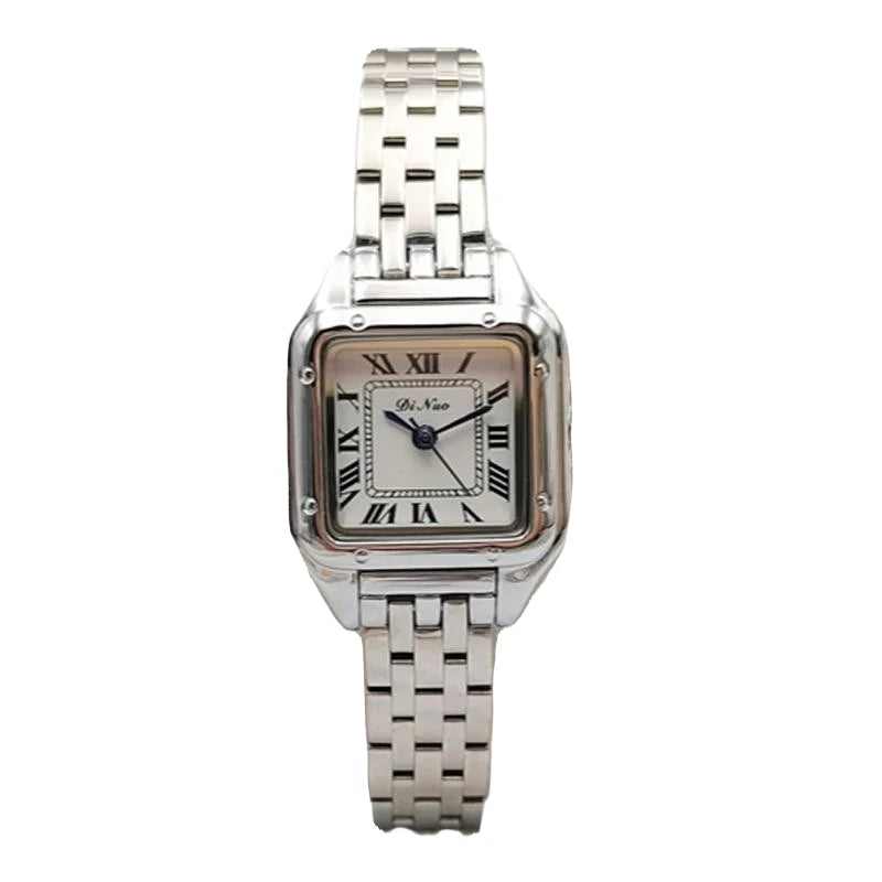 Elegant square quartz watch with a fine steel band, featuring a minimalist design and precise timekeeping.