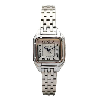 Elegant square quartz watch with a fine steel band, featuring a minimalist design and precise timekeeping.