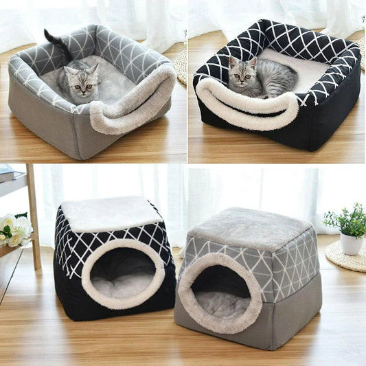 Cosy collapsible cat house and bed made with soft fleece material for comfortable lounging and relaxation for indoor cats