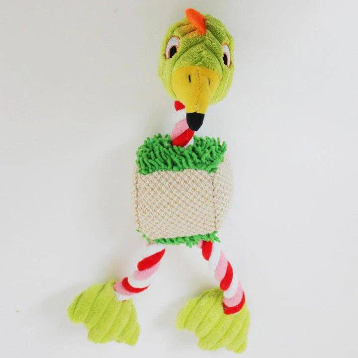 A plush, bird-shaped dog toy in a pink colour. It is designed to encourage chewing and snuggling behaviour in dogs.