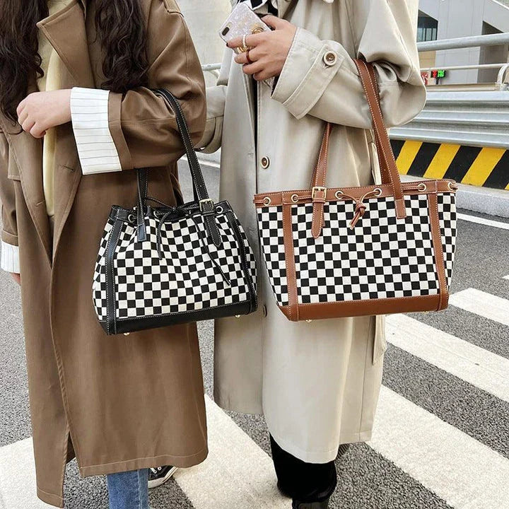 Stylish contrast colour tote bag with chic checkerboard design, made from premium PU leather for durability and versatility