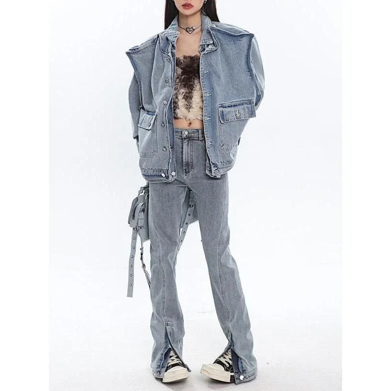 A stylish patchwork denim jacket with a relaxed fit, made from a blend of polyester and cotton for comfort and durability.