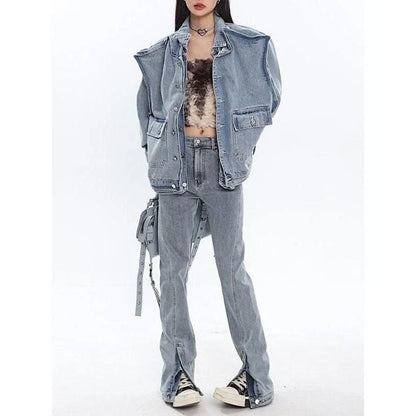 A stylish patchwork denim jacket with a relaxed fit, made from a blend of polyester and cotton for comfort and durability.