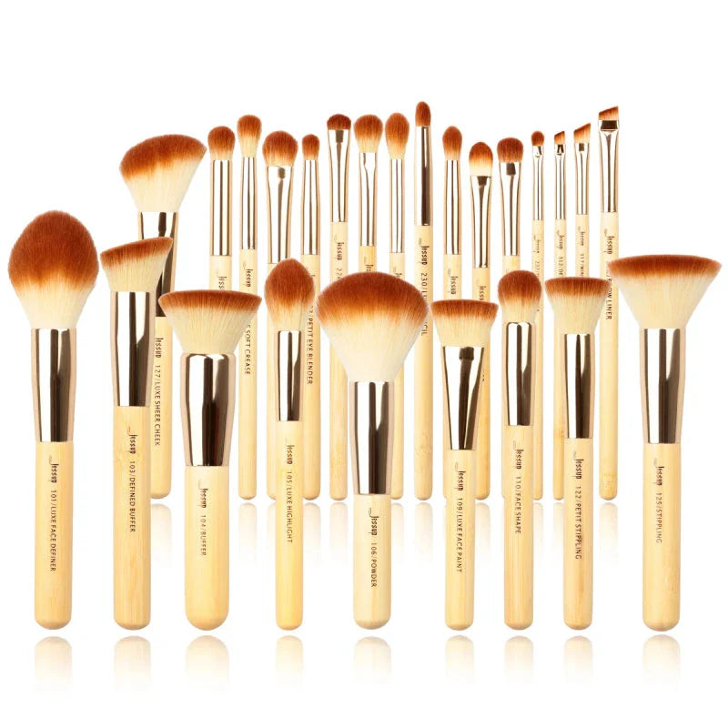 A 25-piece set of high-quality bamboo makeup brushes with soft synthetic bristles for flawless makeup application