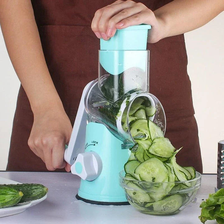 A premium manual vegetable cutter with stainless steel blades and a contemporary blue design, perfect for efficient meal preparation in any UK kitchen.