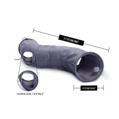 Grey foldable cat play tunnel with crinkle sounds, peek-a-boo holes, and a hanging ball toy for interactive playtime