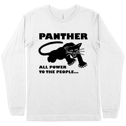 Iconic Black Panther long sleeve t-shirt in white, featuring a bold graphic design and premium, ethically-sourced cotton construction.