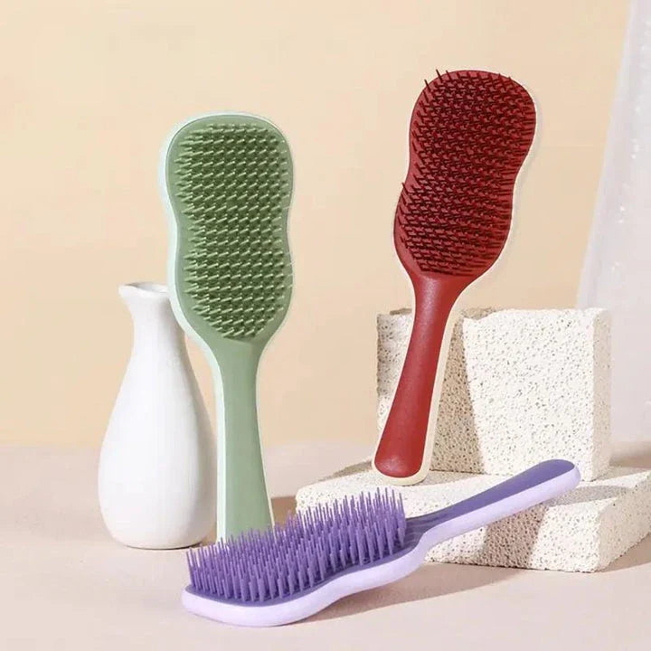 Salon-quality hair straightening comb with air cushion for soothing scalp massage, available in vibrant colours
