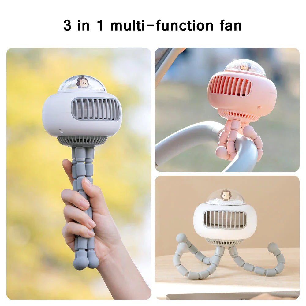 Stylish cartoon portable safe stroller fan with bladeless design and 130-degree automatic rotation for customisable cooling