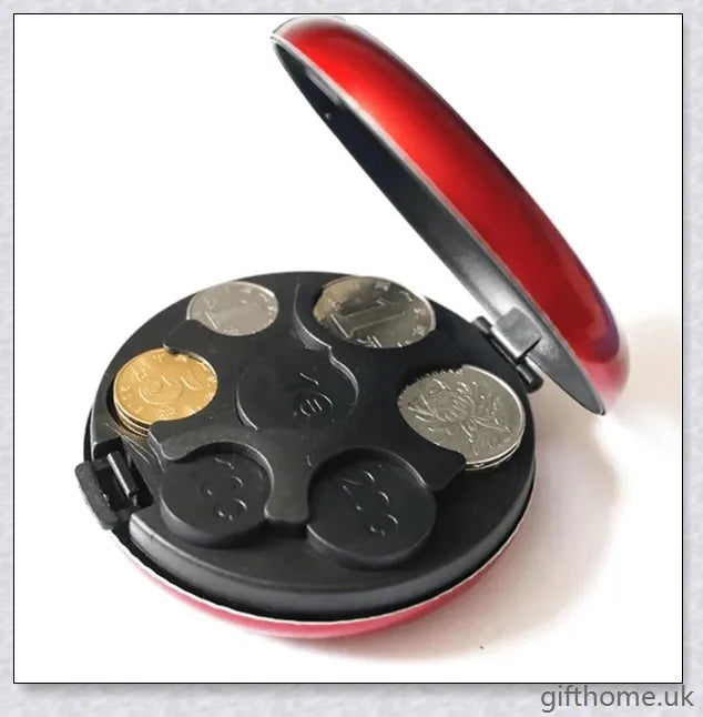 Compact and durable pocket coin dispenser with seven slots for organising Euros, Dollars and other coins