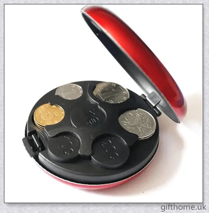 Compact and durable pocket coin dispenser with seven slots for organising Euros, Dollars and other coins