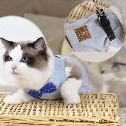 Premium cat harness with adjustable straps and leash for outdoor adventures, featuring a sophisticated gentleman's style design.