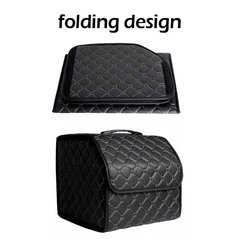 Premium collapsible leather car boot organiser in black, burgundy red, and black red colours