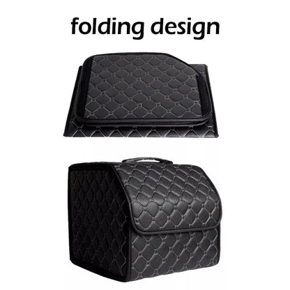 Premium collapsible leather car boot organiser in black, burgundy red, and black red colours