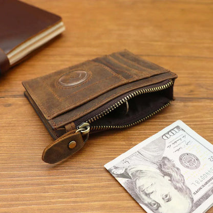 Premium cowhide leather wallet with concealed compartments and zipper closure, designed for secure and organised storage of cards, cash and other essentials.