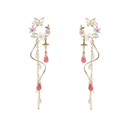 Elegant and Exquisite Gilded Earrings with Zircon Stones, Freshwater Pearls, and Resin Raindrops