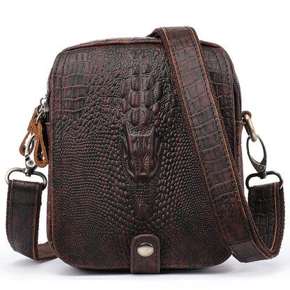 Premium cowhide leather diagonal shoulder bag for men, featuring a sophisticated box-shaped design and distinctive crocodile pattern