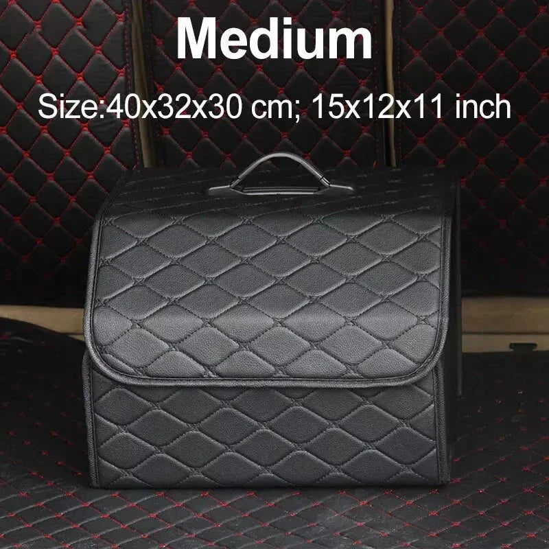 Premium collapsible leather car boot organiser in black, burgundy red, and black red colours
