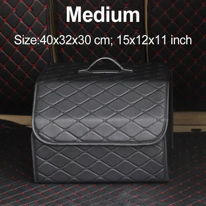 Premium collapsible leather car boot organiser in black, burgundy red, and black red colours