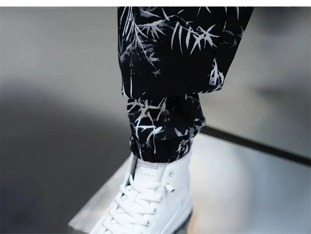 Men's Summer Harem Pants with Floral Print - Relaxed Fit, Lightweight Ice Silk Fabric, Drawstring Waist