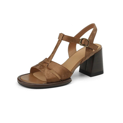 Genuine leather gladiator sandals with chunky heel, open-toe design, and secure buckle closure for summer style and comfort.