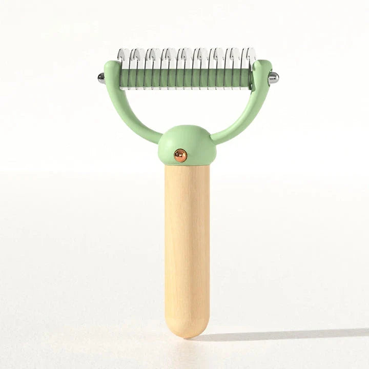 Double-sided pet hair comb with stainless steel blades and ergonomic wooden handle for effective grooming