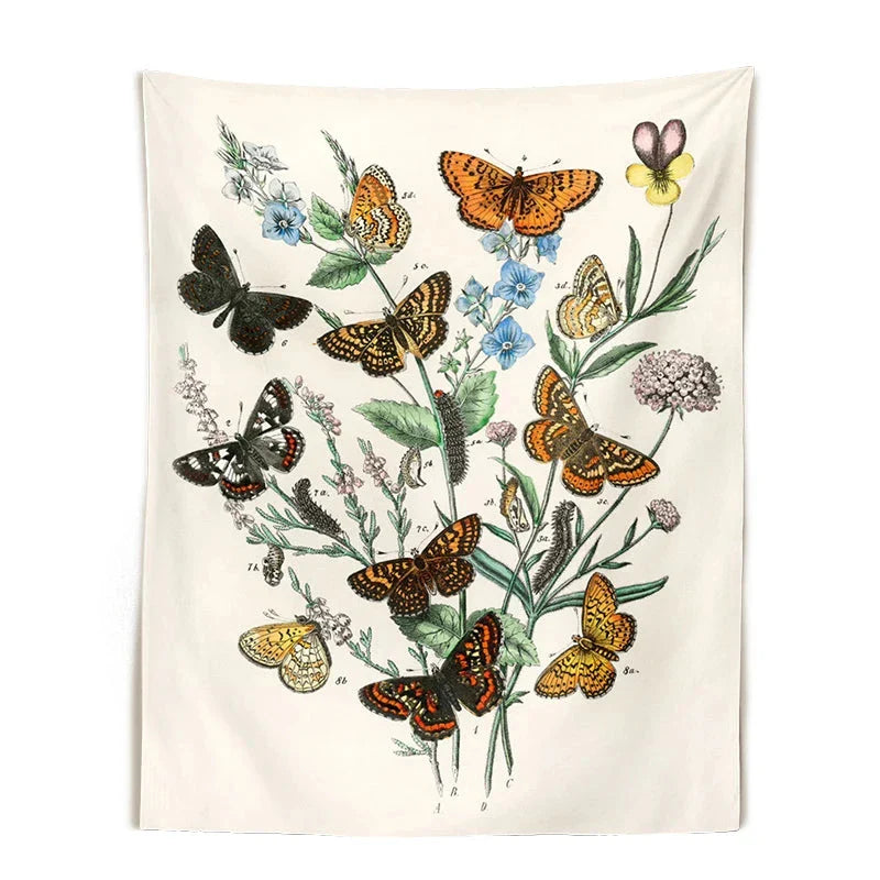 Mushroom Tapestry Wall Hanging with Botanical Print and Floral Illustrations