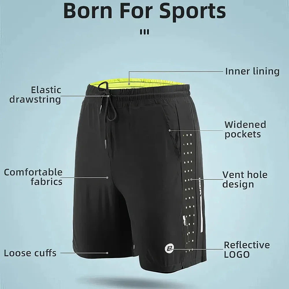 Premium performance sports shorts in dark blue colour, featuring reflective details for enhanced visibility during workouts