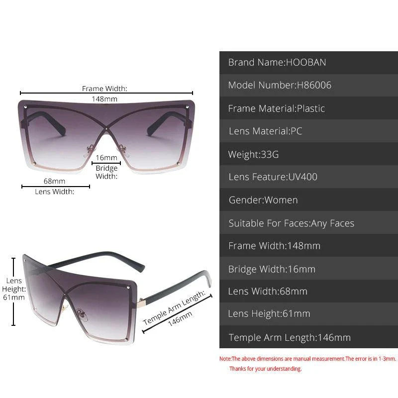 Fashionable oversized flat top sunglasses with gradient lenses and a sleek, rimless plastic frame