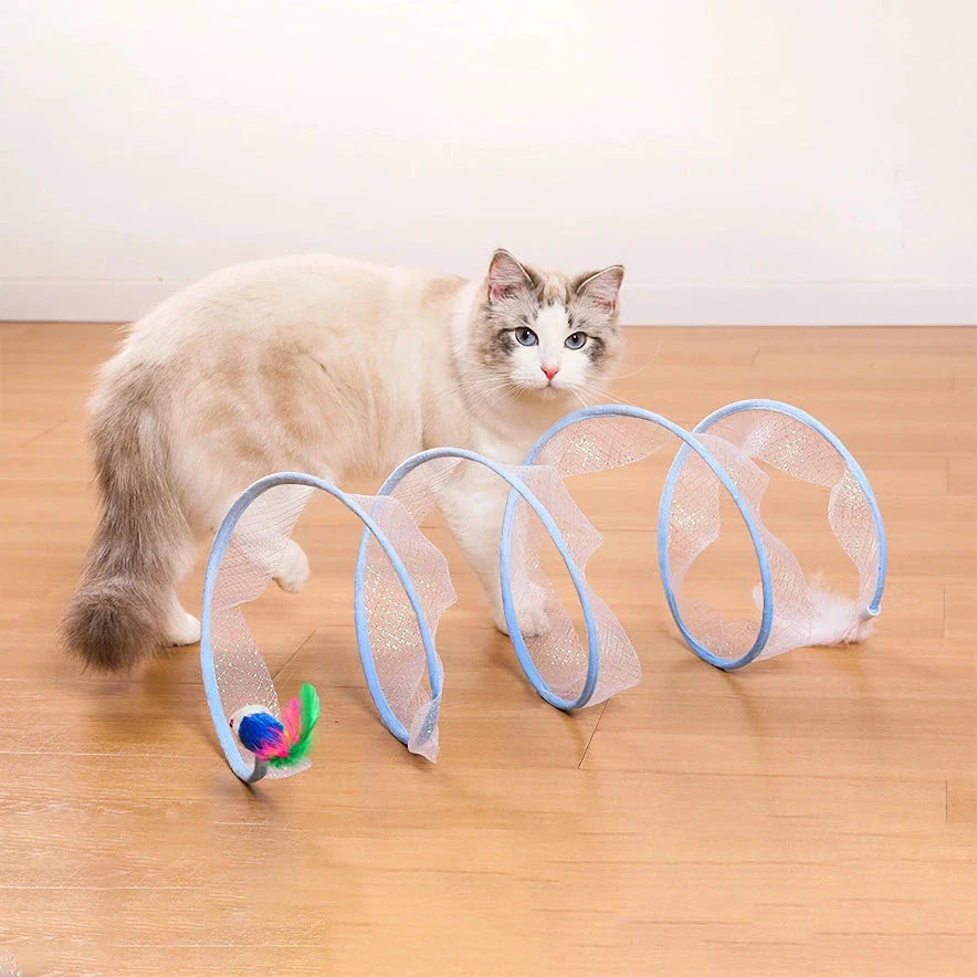 Interactive foldable cat tunnel with soft feather toys and hidden mouse, designed to engage and entertain your feline friend.