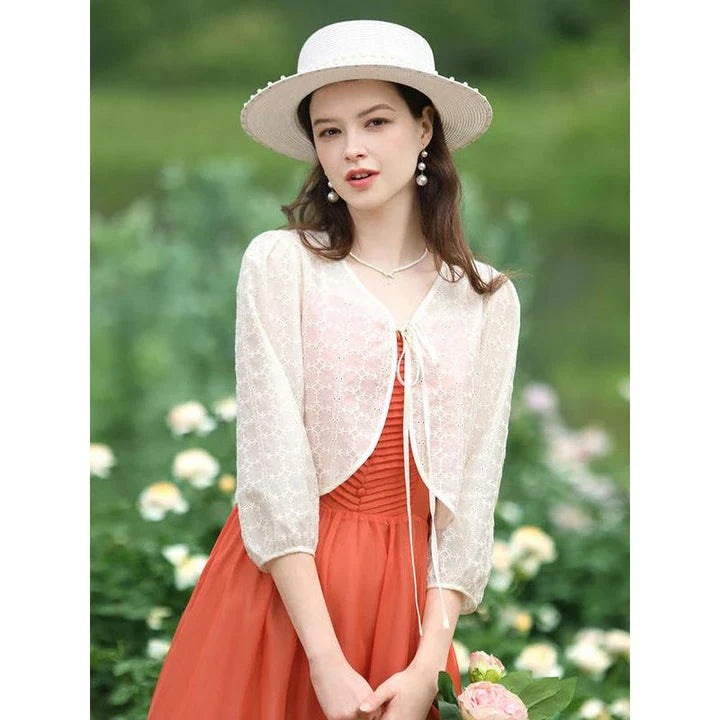 Elegant Summer Lace Jacket for Women - Vintage-inspired style with floral and lace design, puff sleeves, and wide-waisted cut for a flattering silhouette.
