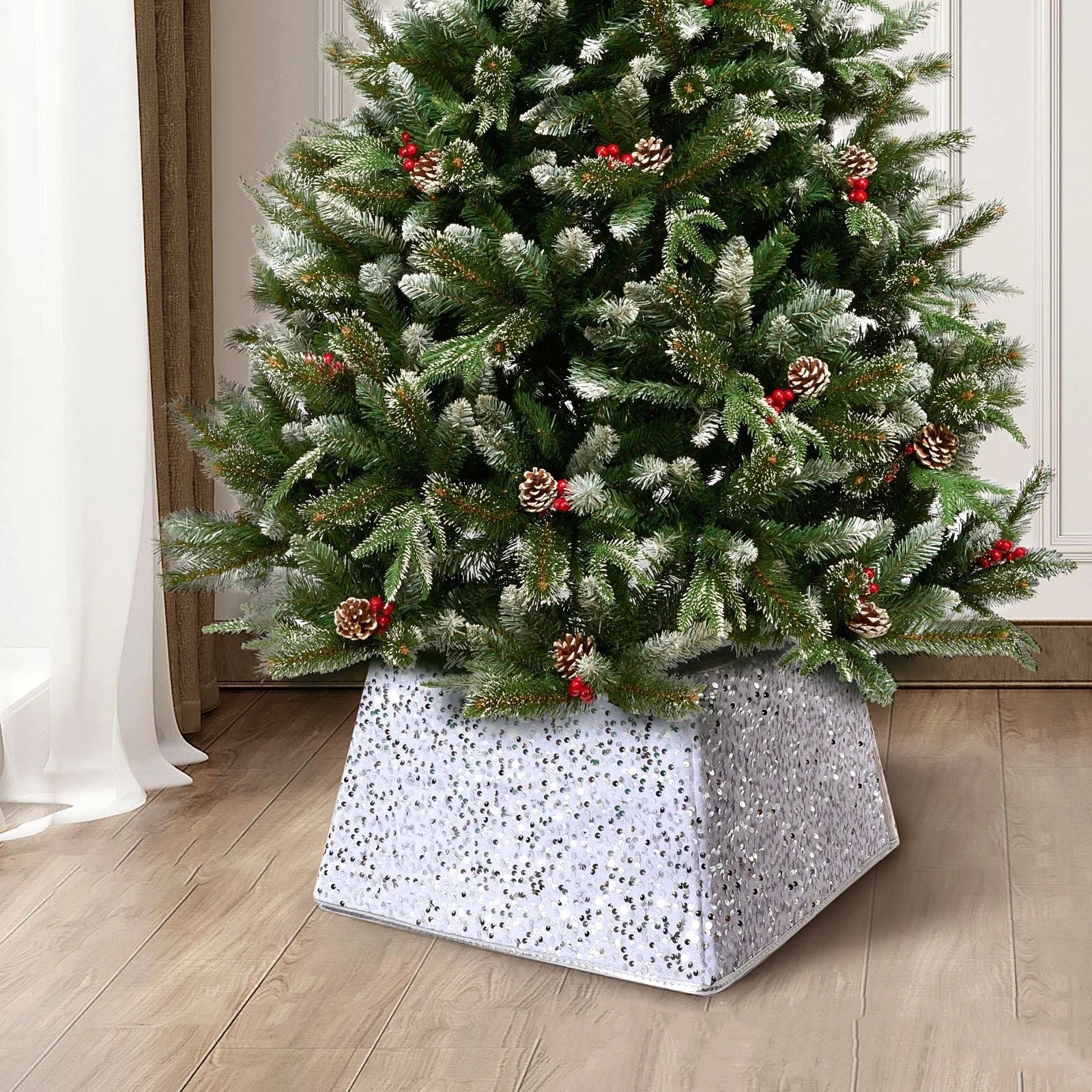 Shimmering sequin Christmas tree skirt in a range of festive colours, adding elegance and sophistication to holiday decor