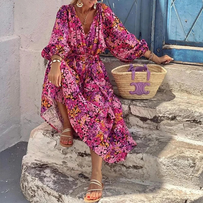 Elegant floral printed midi dress with long sleeves, perfect for UK fashion and style