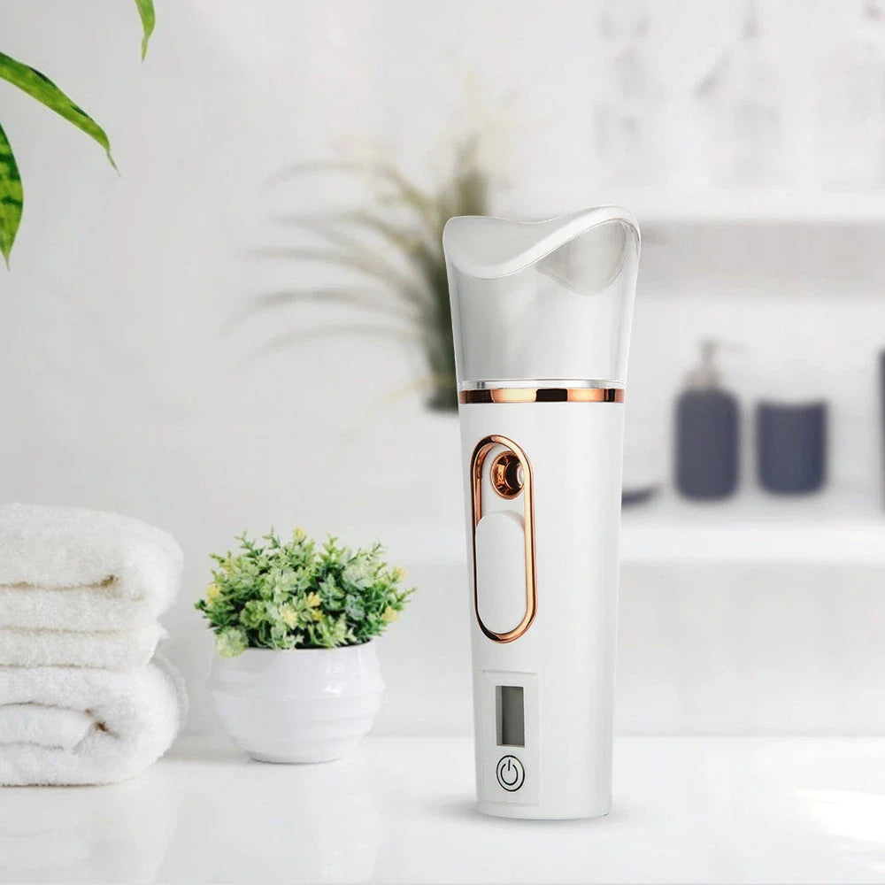 Rechargeable mist facial sprayer and nebulizer with compact, portable design and advanced hydration technology