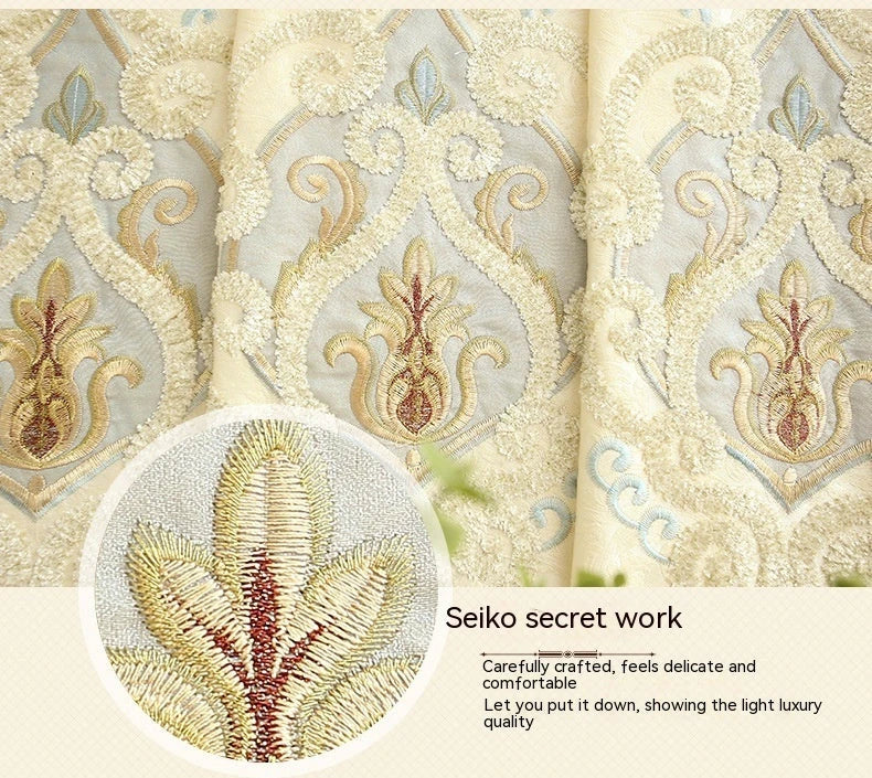 Elegant European-style embroidered mesh curtains in beige and grey colours, providing excellent sun shading and premium quality for living rooms and bedrooms.