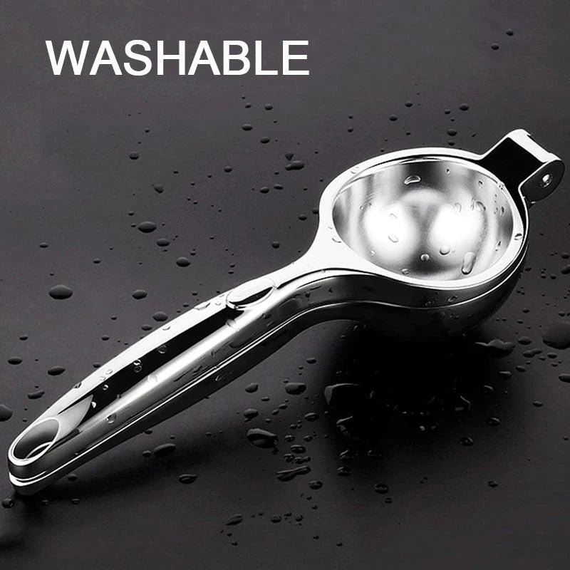 A high-quality manual lemon squeezer made of stainless steel for extracting fresh citrus juice