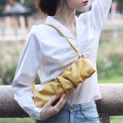 Pleated fashion one-shoulder diagonal handbag in various colours including white, yellow, green, black, and light blue
