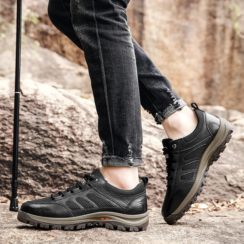 Premium breathable leather sports trainers in black and brown colours, featuring a mesh upper and comfortable sole