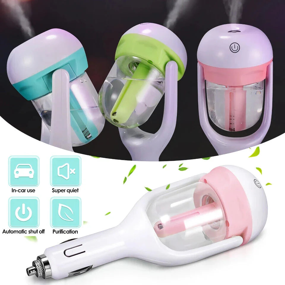 Compact mini car steam humidifier and aroma diffuser with pink colour, designed to improve air quality and promote relaxation in your vehicle