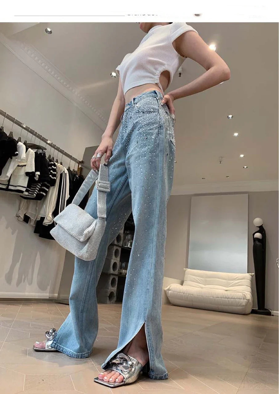 Premium high-waist rhinestone-embellished flared jeans for women in a sleek, versatile design