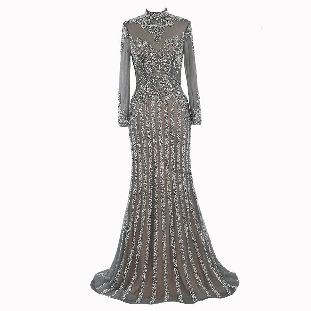 Elegant long sleeve fishtail dress with high waist and Austrian diamond embellishments